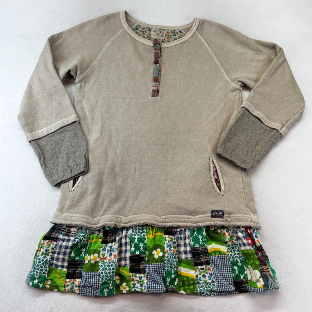 Chip Trip Tunic Dress Kids Size S Tan Patchwork Mori Kei Mixed Media Henley
